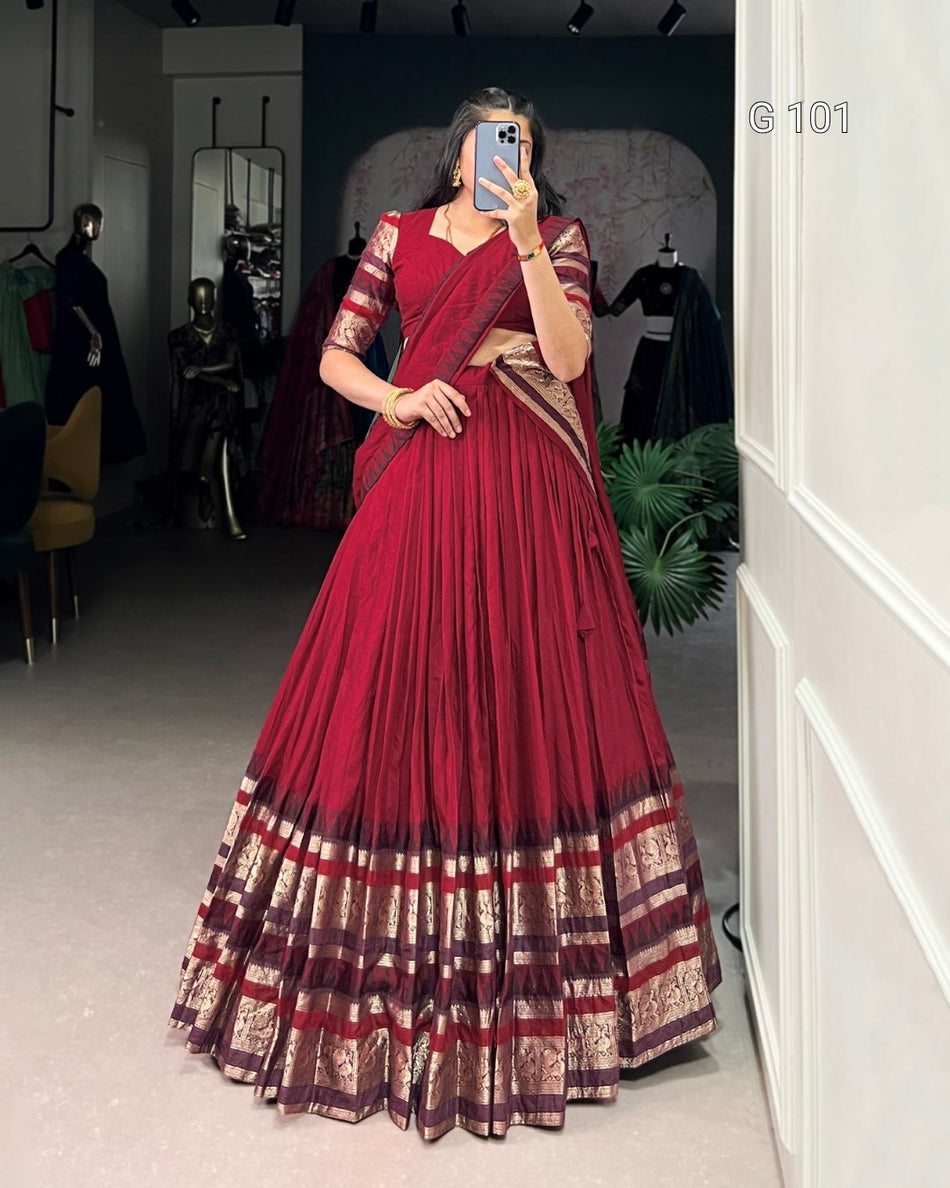 Pure Chanderi Lehenga with Zari Weaving Work Border – G 101 Red