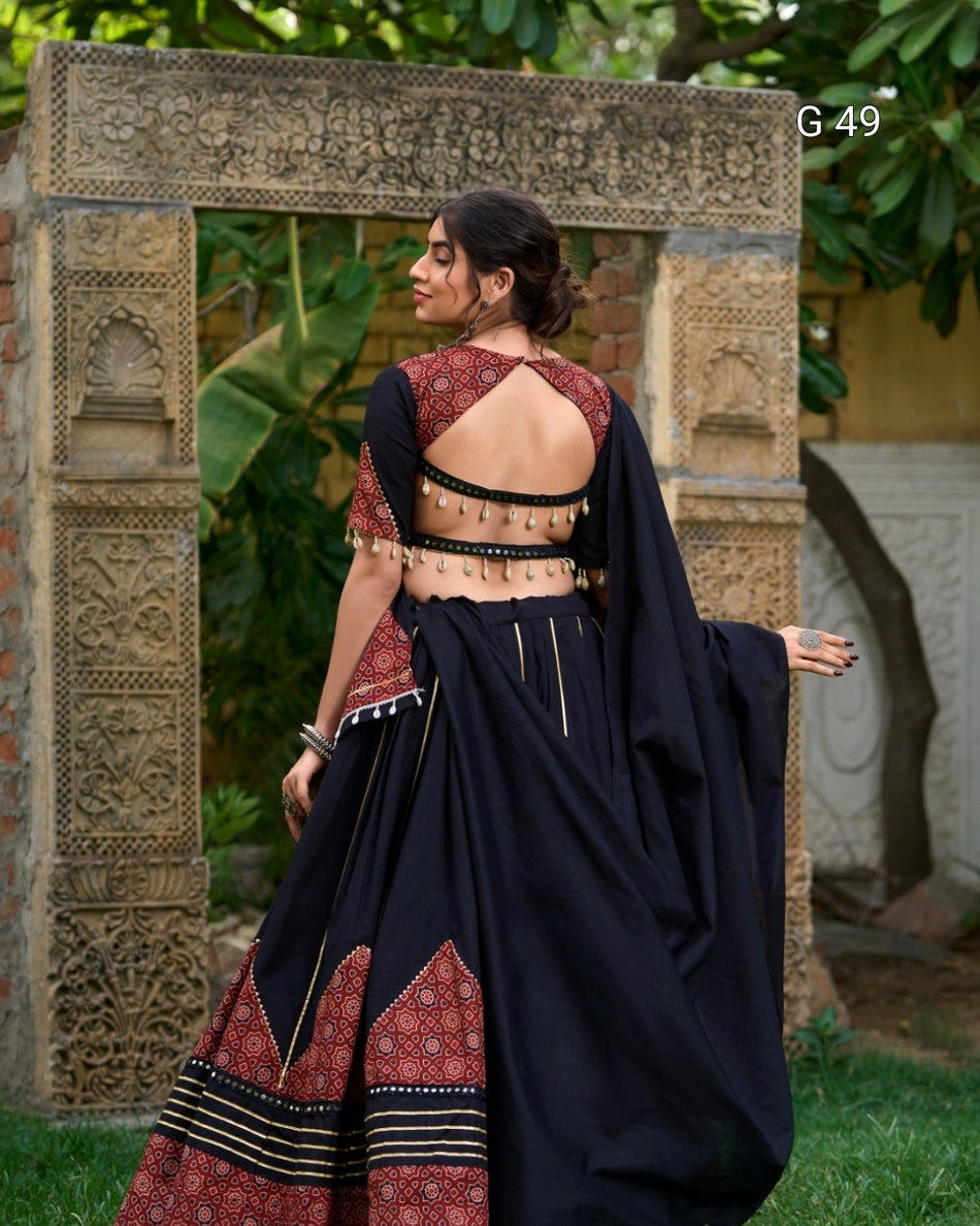 Pure Cotton Lehenga with Printed & Paper Mirror Work, Gota Patti & Cowrie Lace – G 49 Black