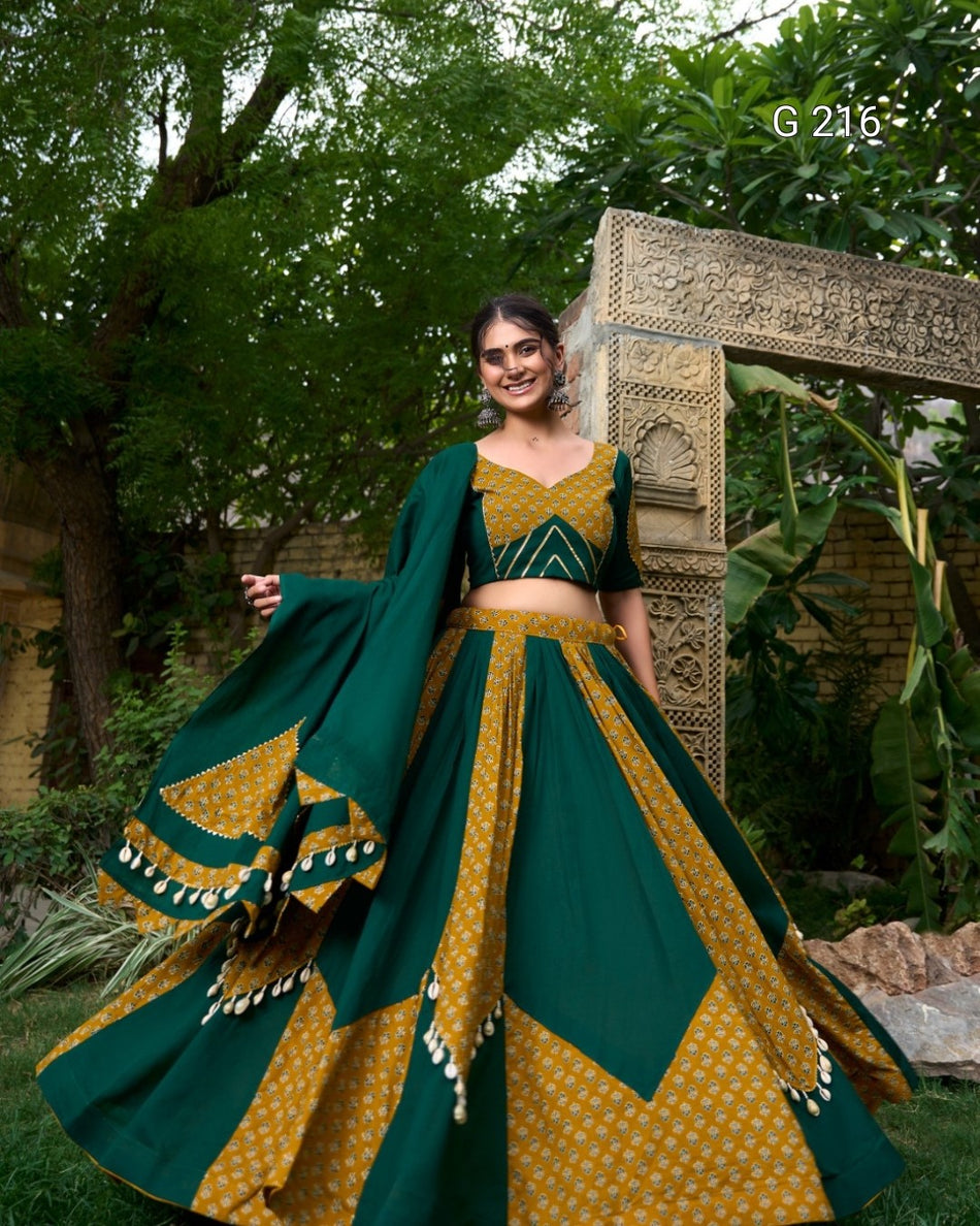 Plain and Printed Pure Cotton Lehenga with Cowrie Lace Touch Up – G 216 Green