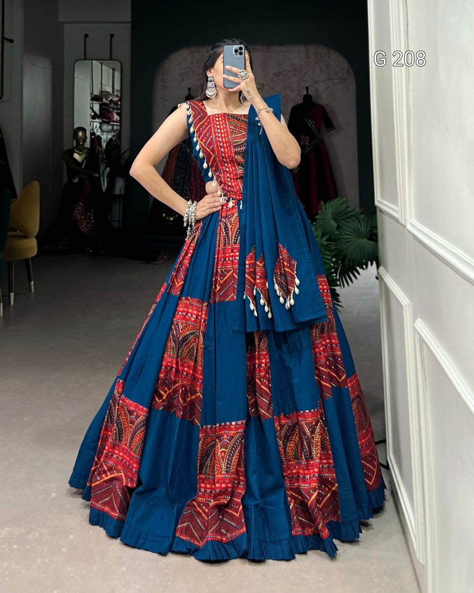Plain and Printed Pure Cotton Lehenga with Foil Work and Cowrie Lace – G 208 Blue