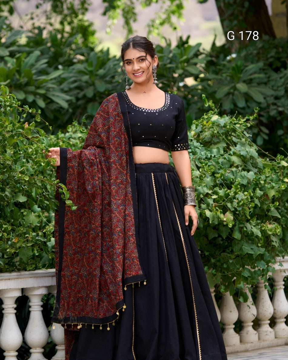 Black Pure Cotton Lehenga with Gota Patti Touch-Up & Real Mirror Work, Coin Lace Border Dupatta – G 178 Black