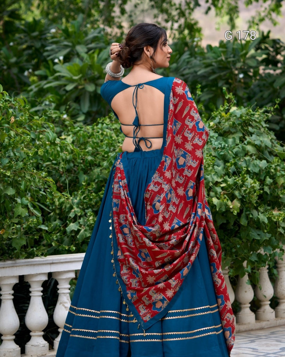 Firozi Pure Cotton Lehenga with Gota Patti Touch-Up & Real Mirror Work, Coin Lace Border Dupatta – G 178 Firozi