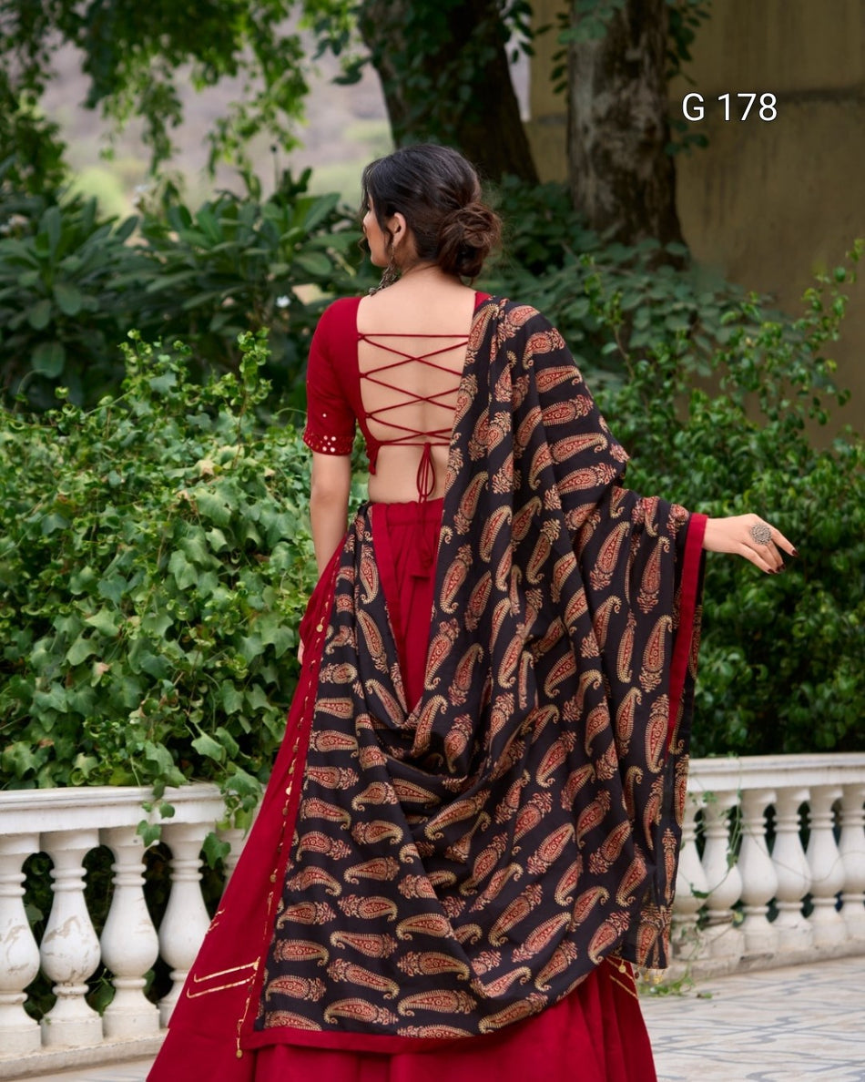 Maroon Pure Cotton Lehenga with Gota Patti Touch-Up & Real Mirror Work, Coin Lace Border Dupatta – G 178 Maroon