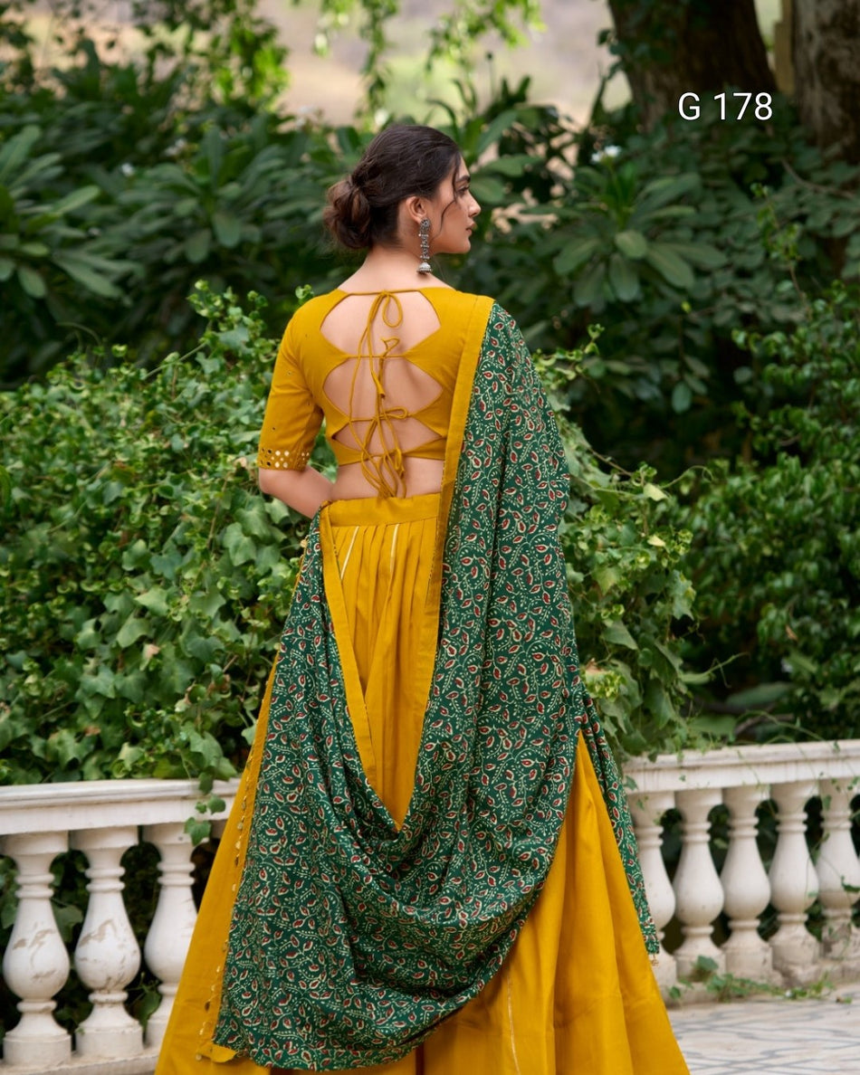 Mustred Pure Cotton Lehenga with Gota Patti Touch-Up & Real Mirror Work, Coin Lace Border Dupatta – G 178 Mustred