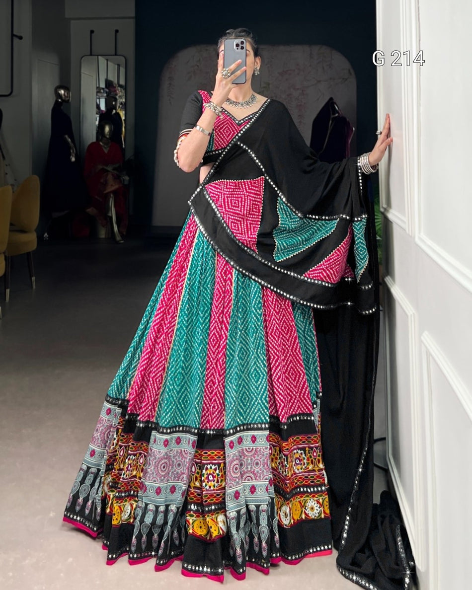 Bandhej and Ajarakh Pure Rayon Lehenga with Paper Mirror & Gamthi Work – G 214