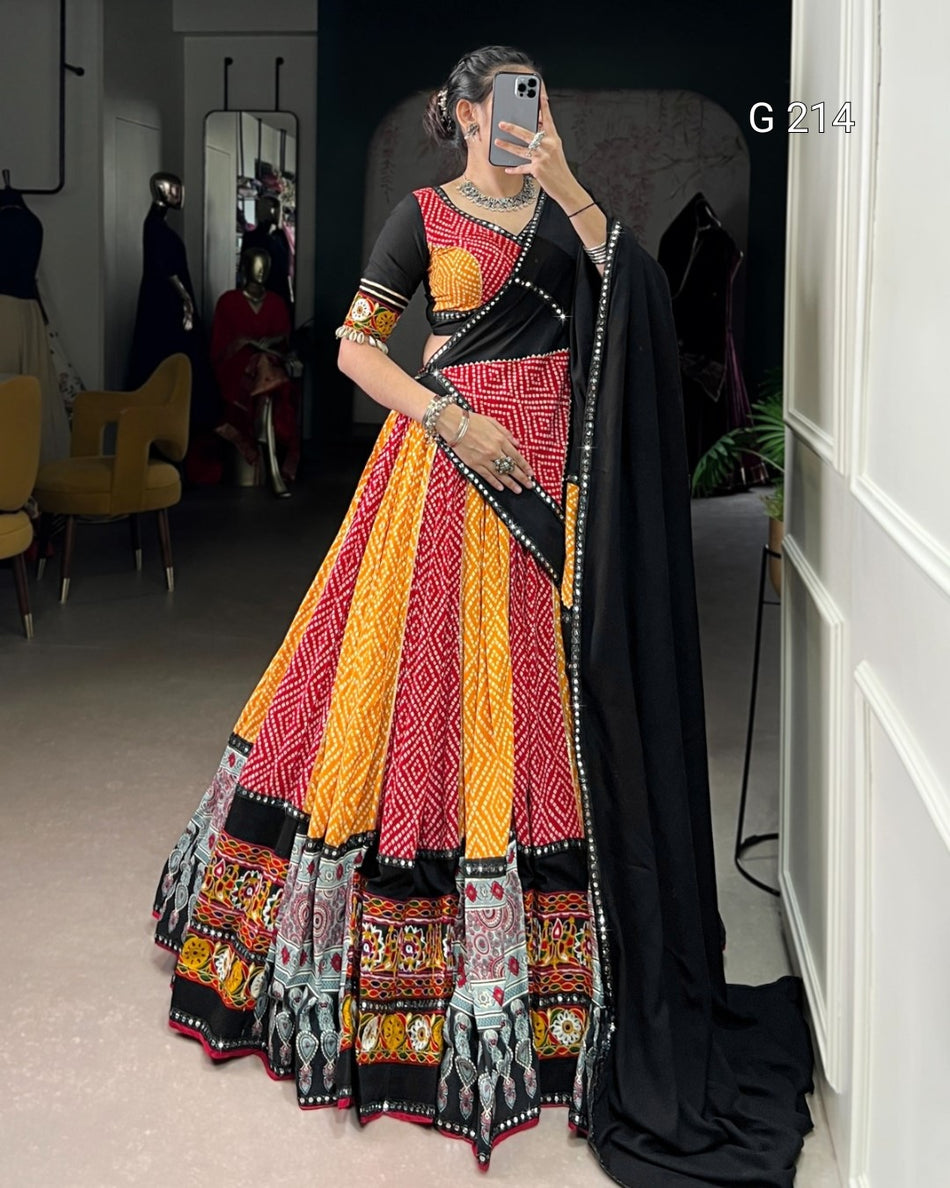Bandhej and Ajarakh Pure Rayon Lehenga with Paper Mirror & Gamthi Work – G 214
