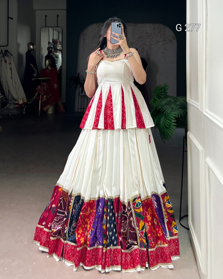 Multi Patch Pure Rayon Lehenga with Bandhej Blouse – G 277 Off White