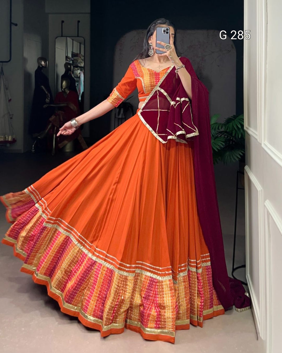 Bandhej Print Pure Rayon Lehenga with Sequins Lace Border – G 285 Orange