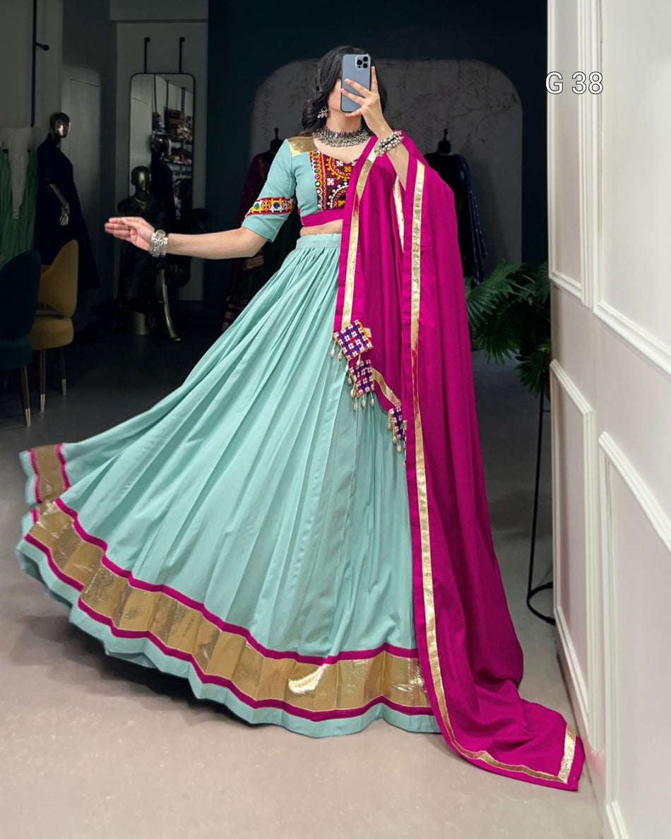 Sea Green Pure Rayon Lehenga with Embossed Design & Mirror Gamthi Work – Stitched Blouse and Dupatta - G 38 Sea Green