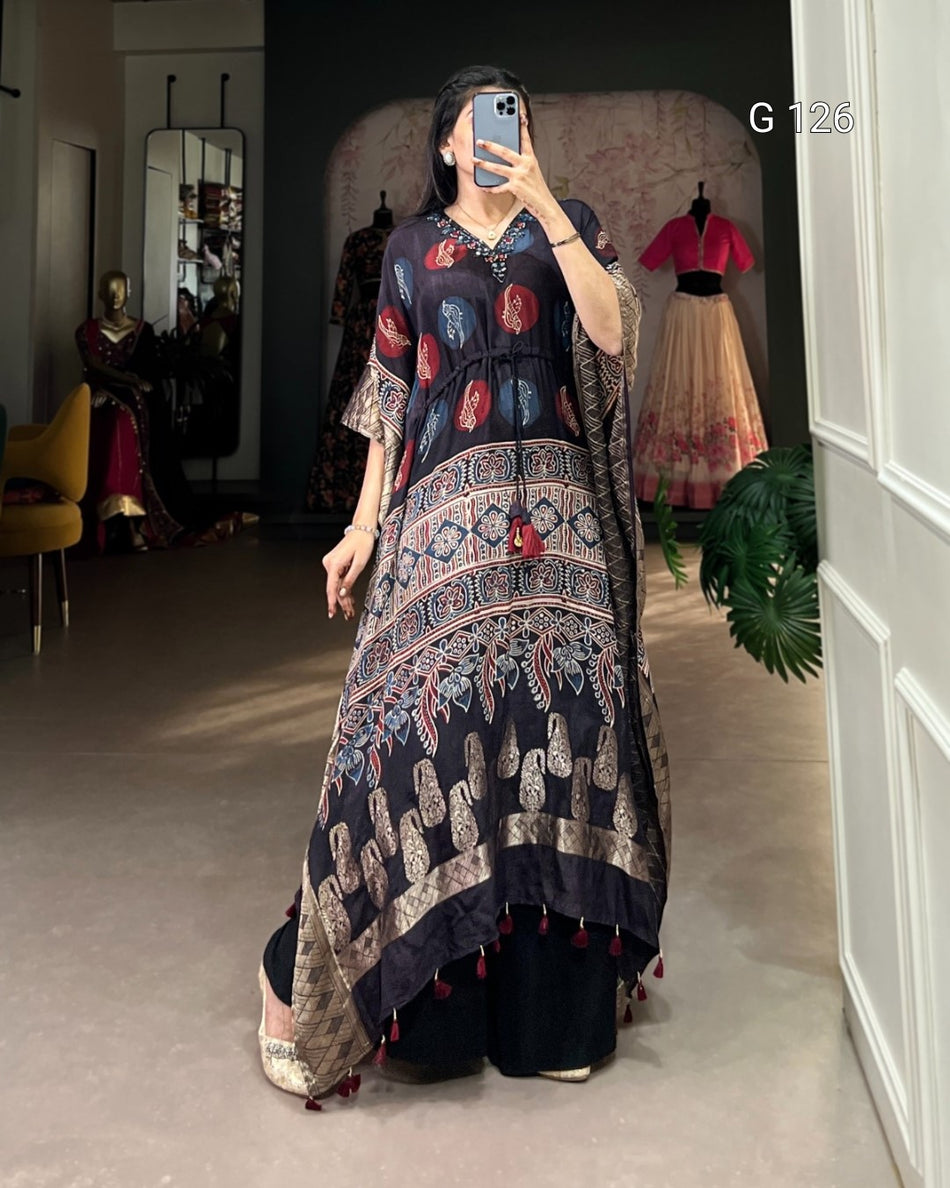 Pure Viscose Zari Border Kaftan with Real Mirror Hand Work – G 126