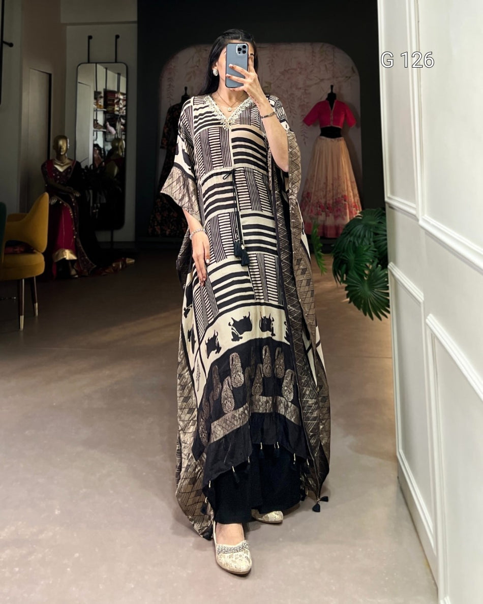 Pure Viscose Zari Border Kaftan with Real Mirror Hand Work – G 126