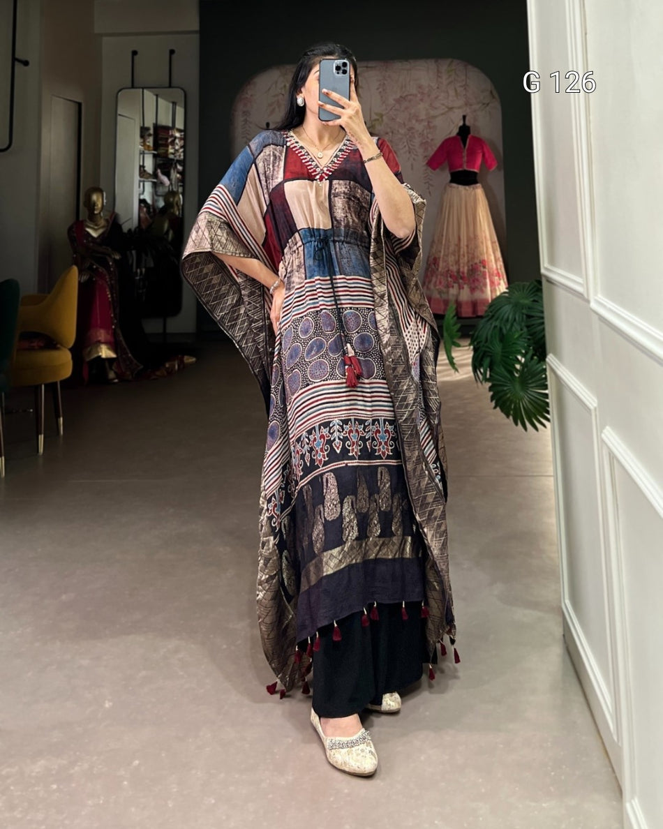 Pure Viscose Zari Border Kaftan with Real Mirror Hand Work – G 126