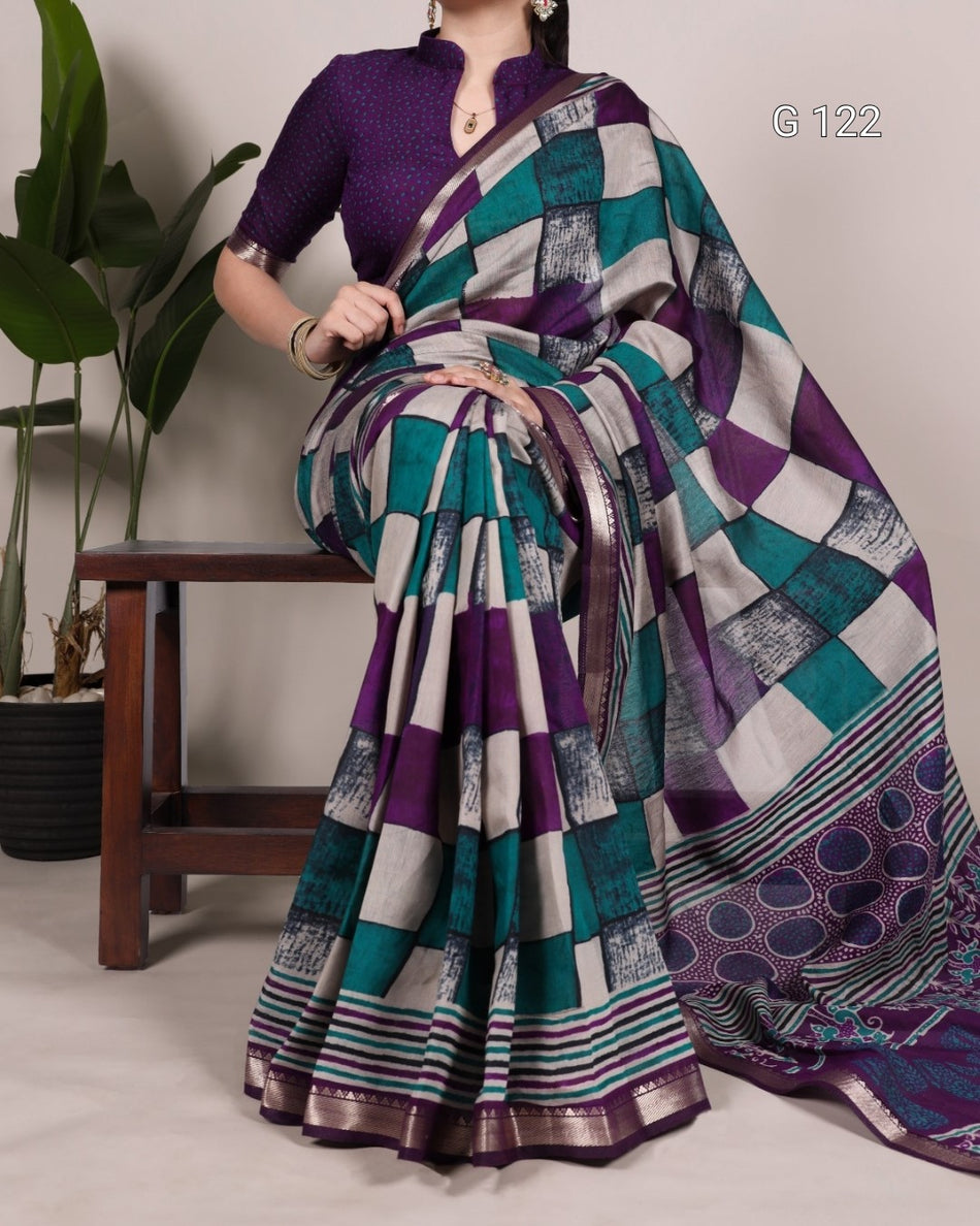 Printed Polyester Viscose Chanderi Saree with Temple Border – G 122 Purple
