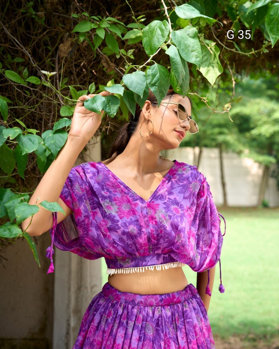 Purple Chiffon Lehenga with Floral Print – Stitched Blouse with Pearl Touch Up - G 35 Purple