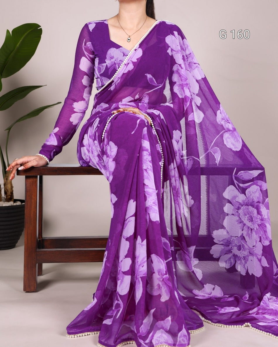 Blue Chiffon Saree with Floral Print & Pearl Lace Border-G 160