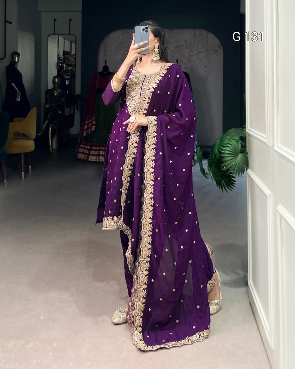 Vichitra Silk Embroidered Sequins Top with Plain Bottom & Dupatta – G 131 purple