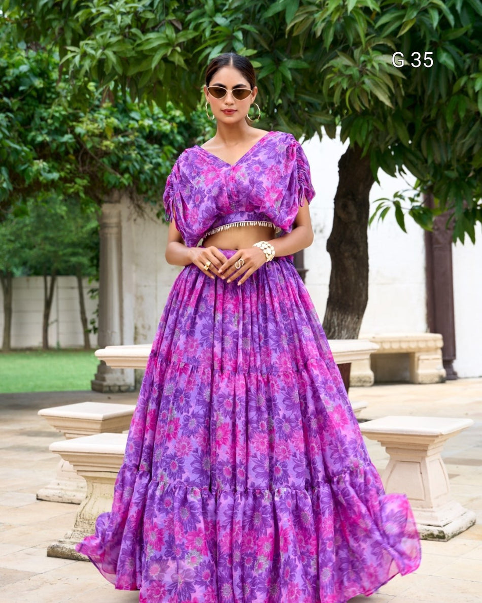 Purple Chiffon Lehenga with Floral Print – Stitched Blouse with Pearl Touch Up - G 35 Purple