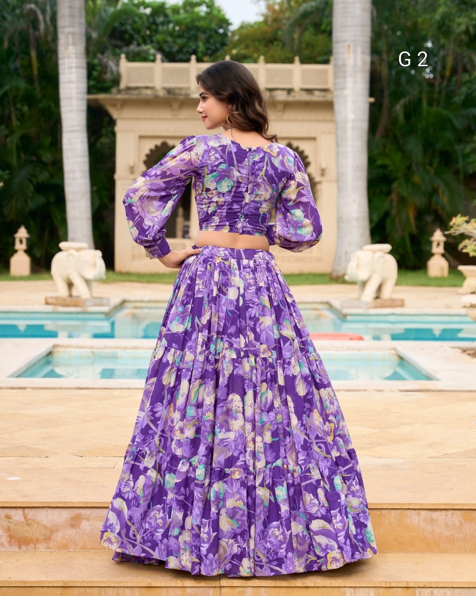 Purple Floral Print Georgette Lehenga with Stitched Blouse – G 2 Purple