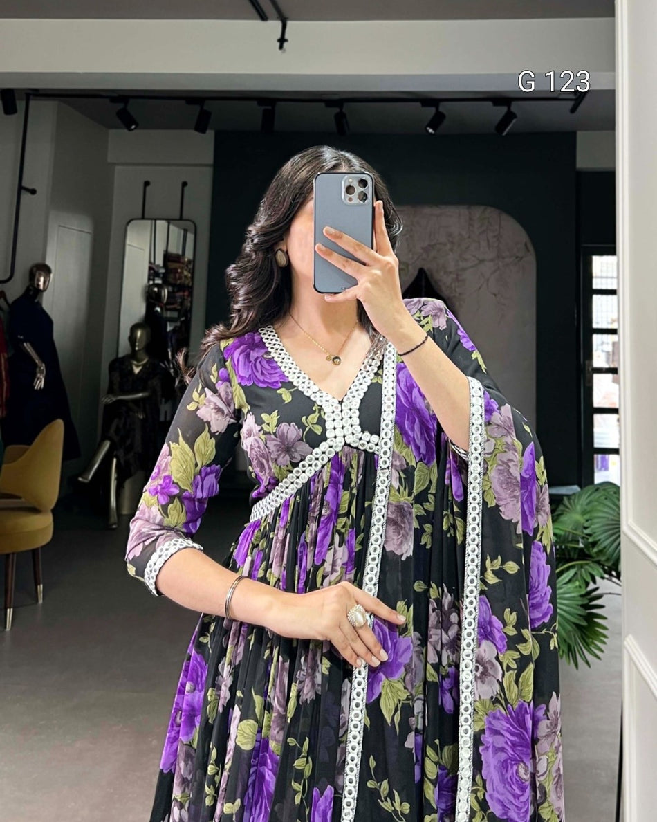 Floral Printed Georgette Gown with Peper Mirror Lace Touch Up – G 123 Purple
