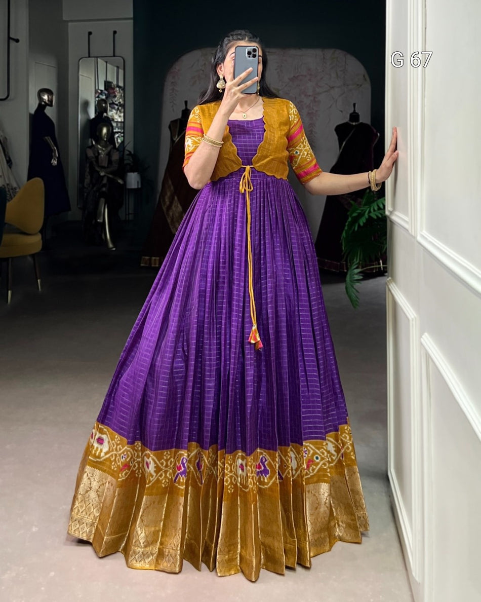 Tasar Chex Gown with Patola Print & Weaving Work Border – G 67 Purple
