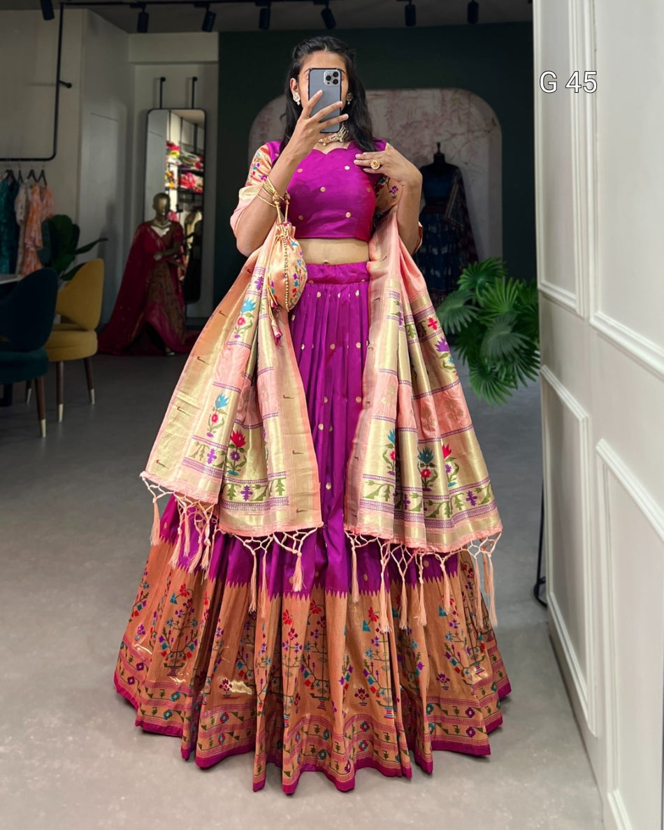Jacquard Silk Paithani Lehenga with Zari Weaving Work & Handmade Tassels – G 45 Purple