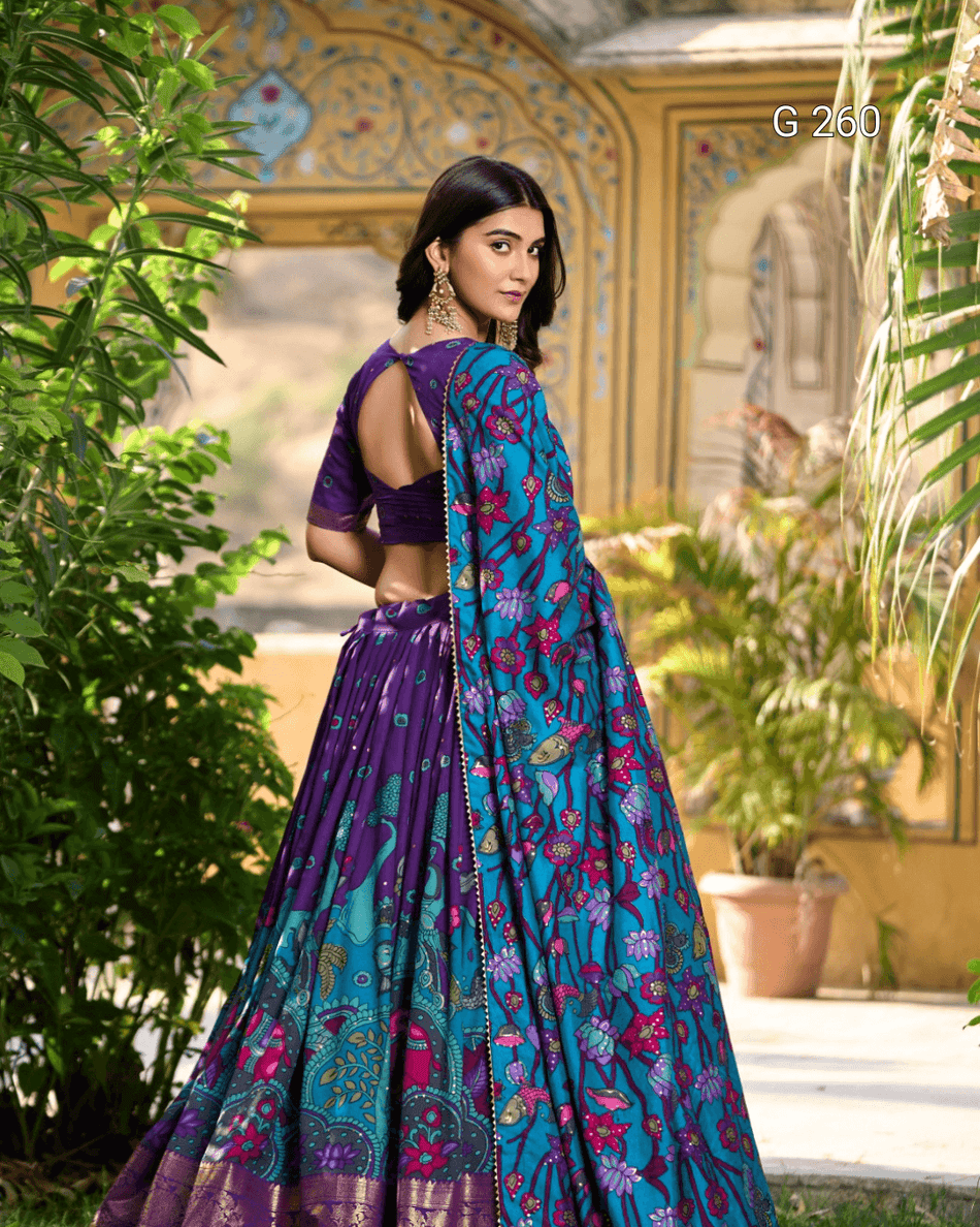 Kalamkari Print Tasar Silk Lehenga with Foil Work Border – G 261 Purple