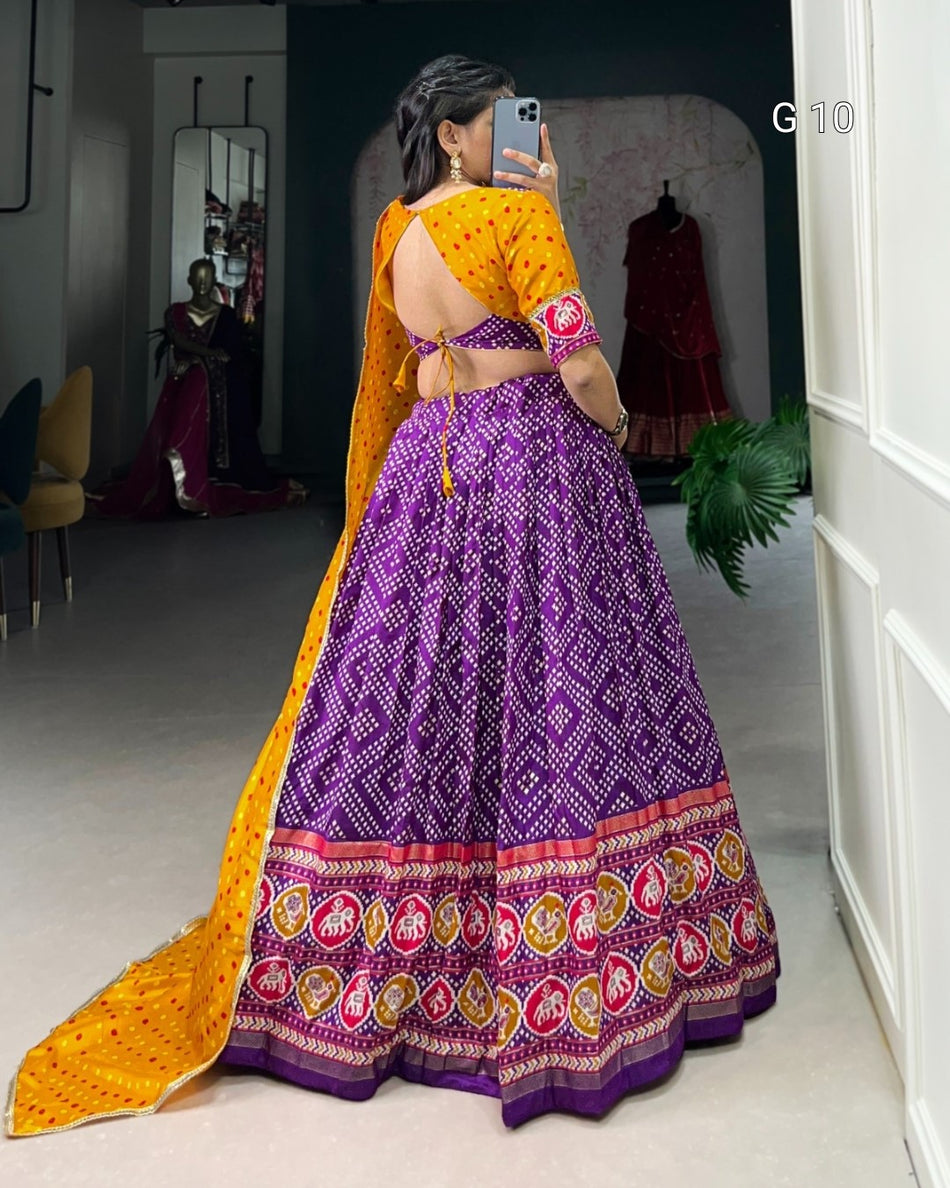 Purple Tasar Silk Lehenga with Bandhej and Patola Print – Foil Work, Stitched Blouse, and Dola Silk Dupatta - G 10 Purple