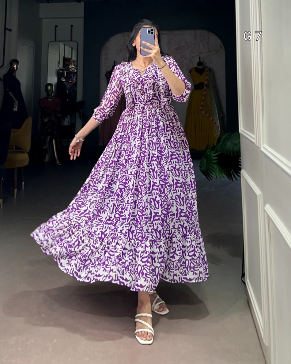 Purple Georgette Printed Frock with Adjustable Waist – Elegant Flair Design