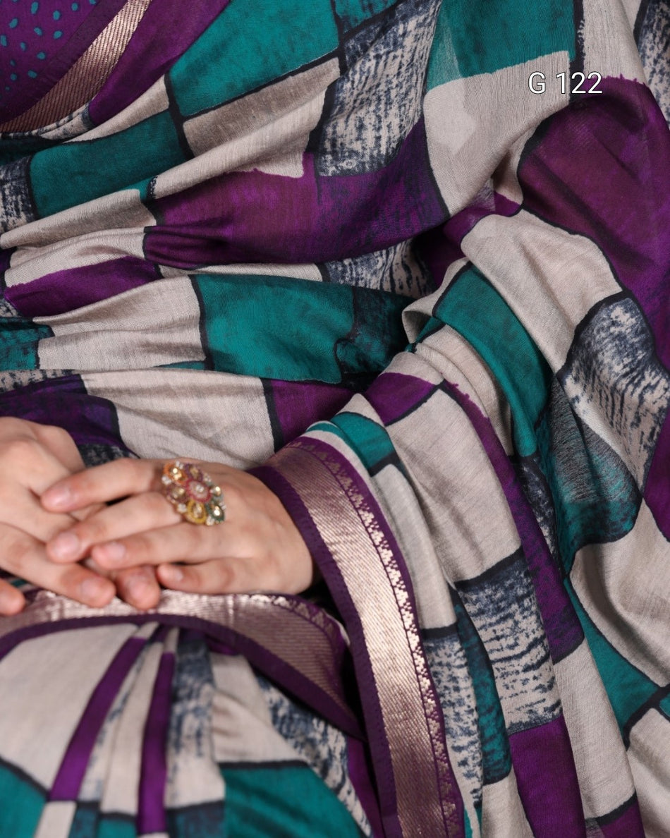 Printed Polyester Viscose Chanderi Saree with Temple Border – G 122 Purple