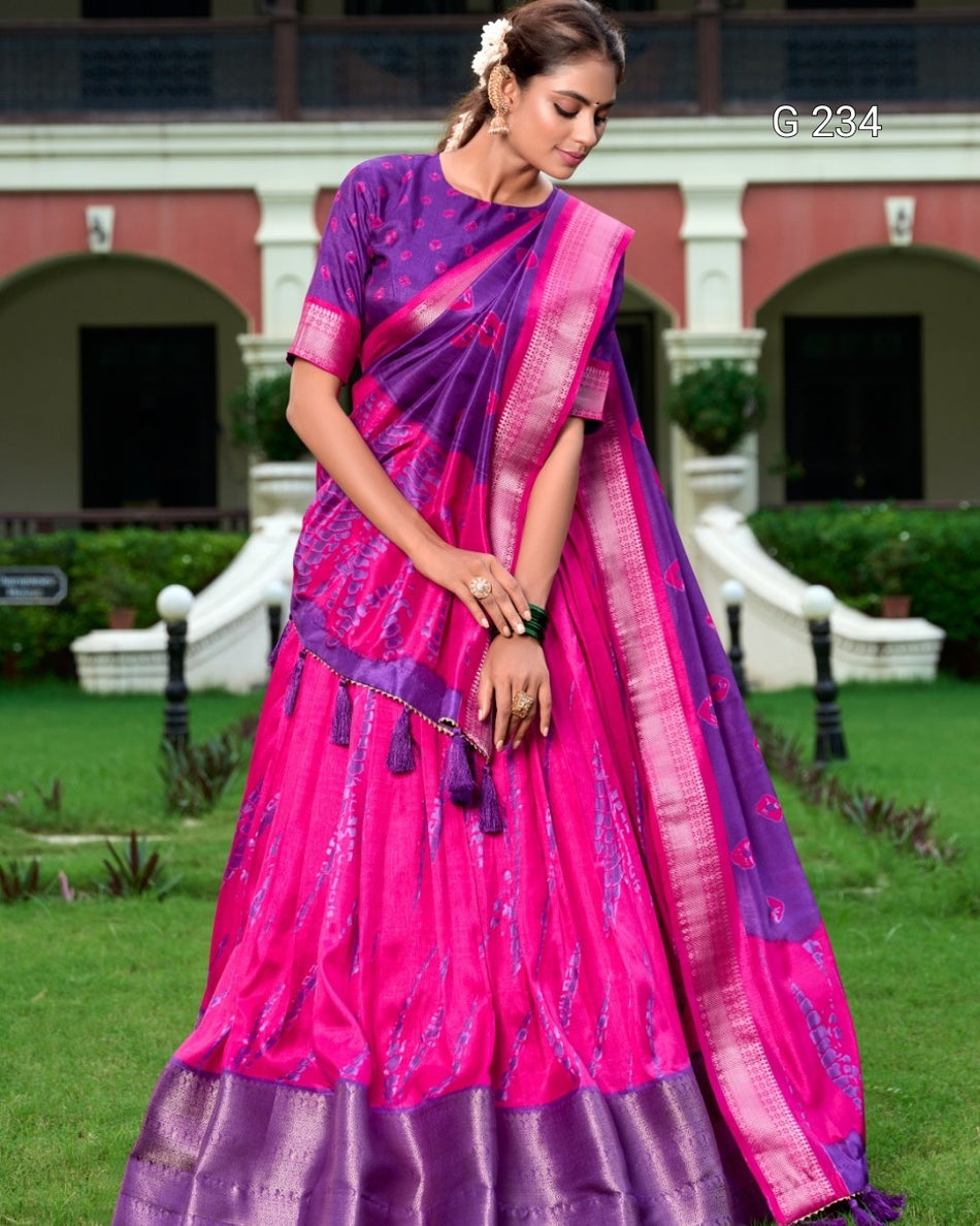 Shibori Print Dola Silk Lehenga with Zari Weaving Border – G 234 Purple