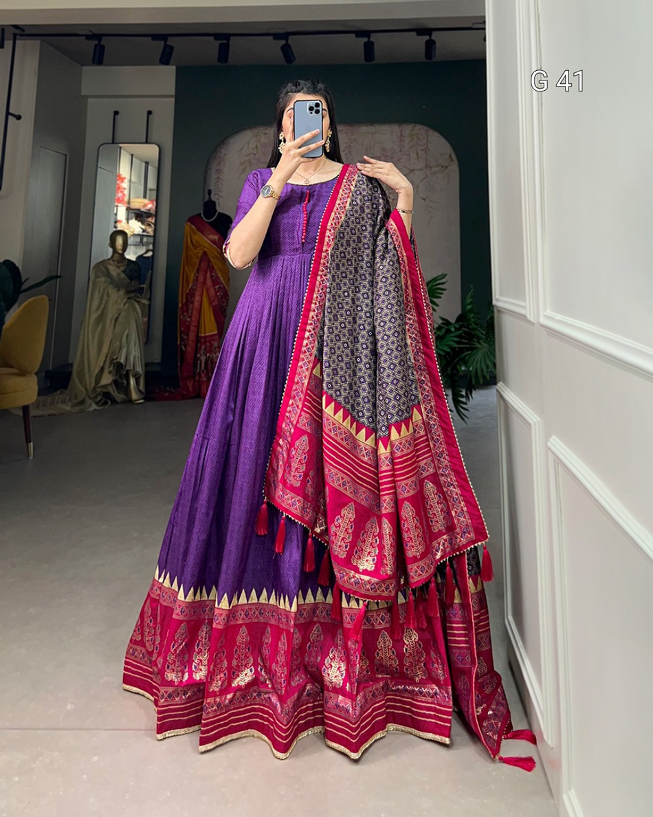 Purple Tussar Silk Gown with Print & Foil Work – Stitched Gown with Gotta Patti Lace Border Dupatta - G 41 Purple