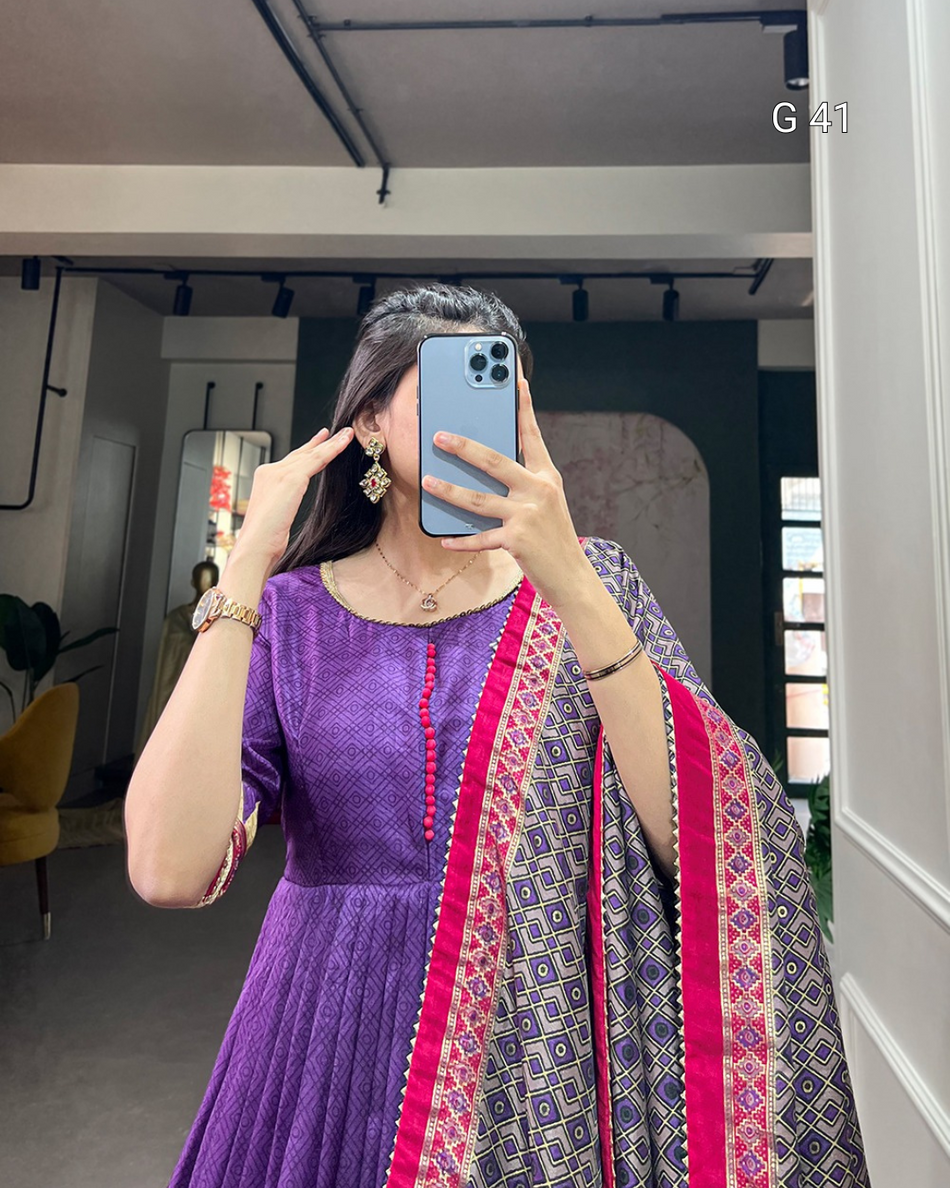 Purple Tussar Silk Gown with Print & Foil Work – Stitched Gown with Gotta Patti Lace Border Dupatta - G 41 Purple