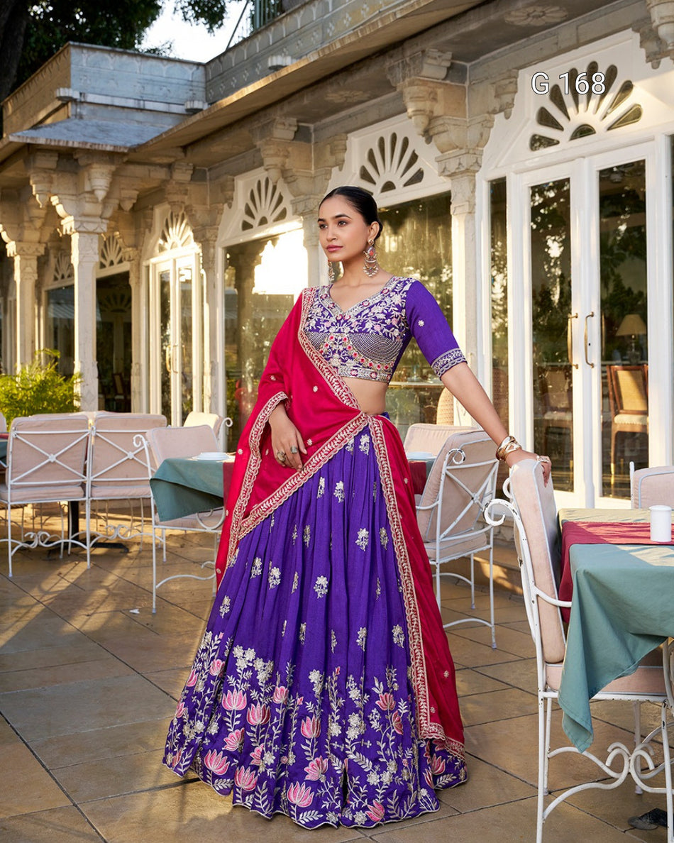 Purple Vichitra Silk Lehenga with Sequins & Thread Embroidery Work, Unstitched Blouse & Dupatta – G 168 Purple