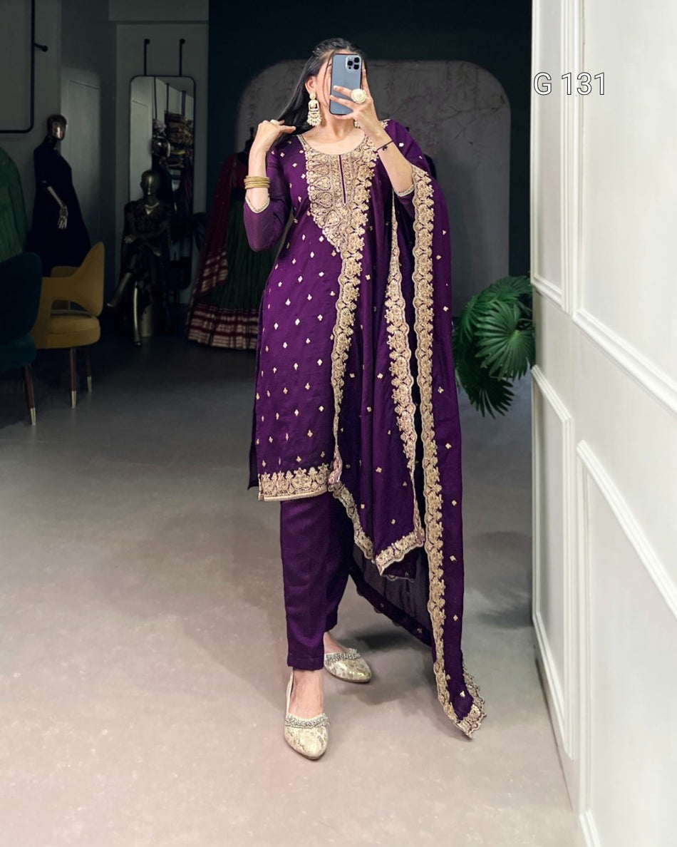 Vichitra Silk Embroidered Sequins Top with Plain Bottom & Dupatta – G 131 purple