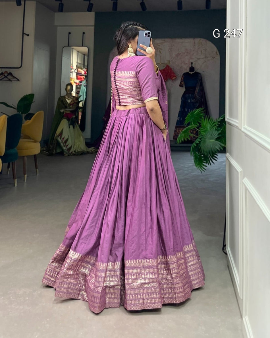 Zari Weaving Pure Chanderi Lehenga with Lace Border – G 247 Purple