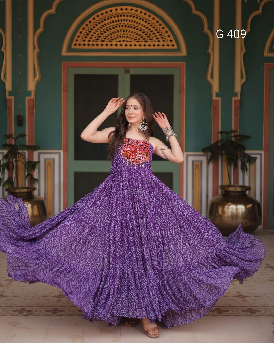 Bandhani Print Faux Georgette Gown with Kutchi Patchwork – G 409 Purple