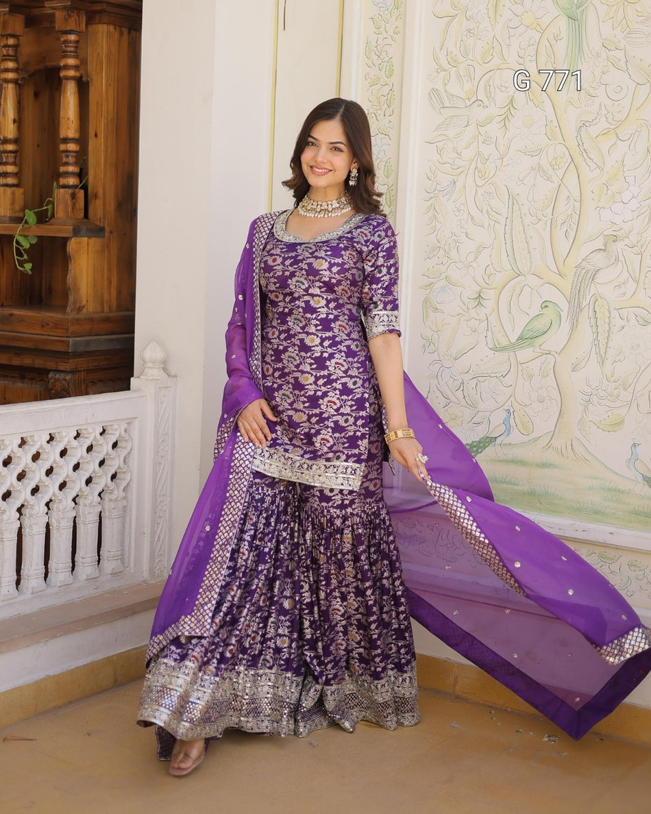 Premium Designer Top Sharara Dupatta Set | Embroidered Festive Wear - G 771