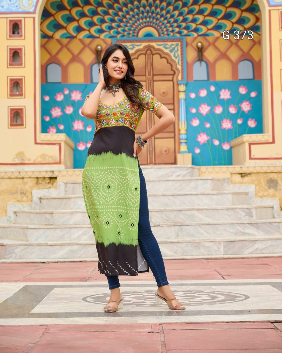 Printed Rayon Kurti with Kutchi Gamthi Work – G 373