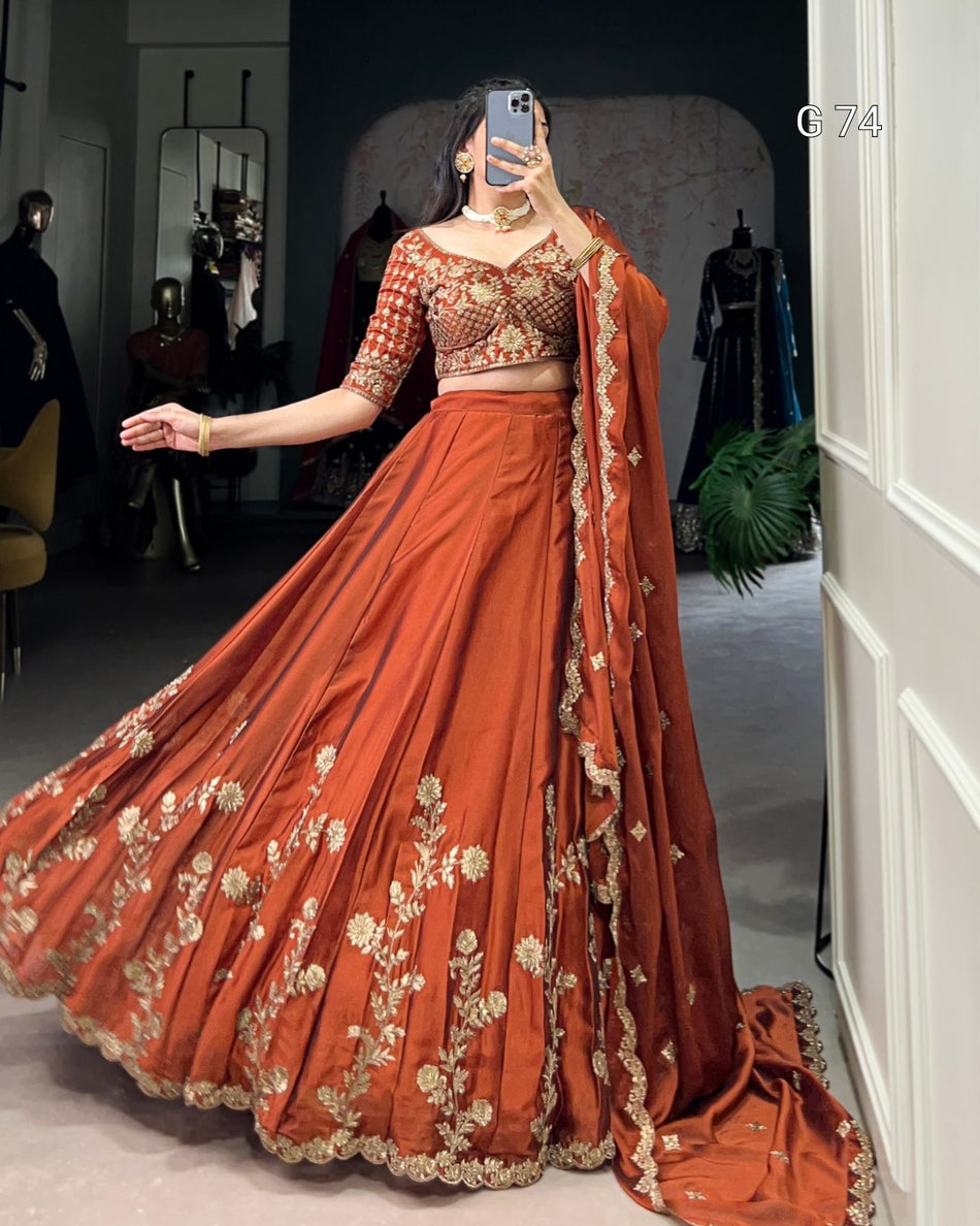 Rangoli Silk Lehenga with Sequins & Thread Embroidery – G 74 Rust Orange