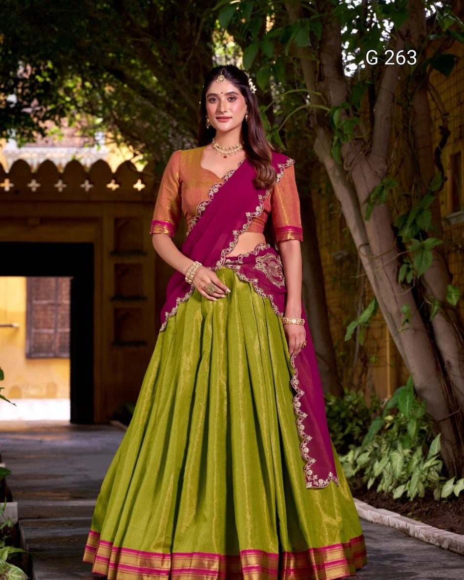 Kanchipuram Zari Work Lehenga with Sequins Dupatta – G 263 Rani Pink