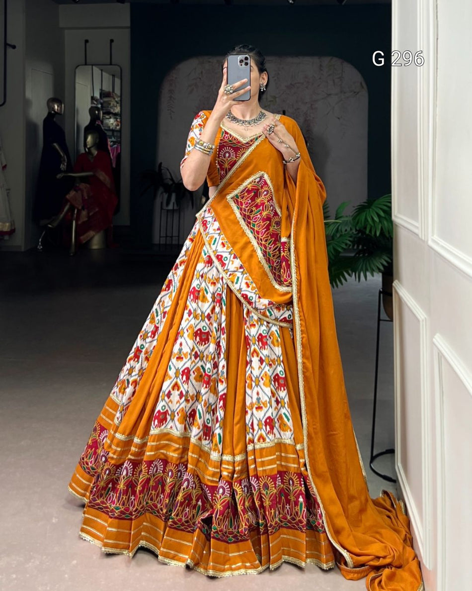 Patola Print Rayon Lehenga with Gamthi Work & Lace Touch Up – G 296 Mustard