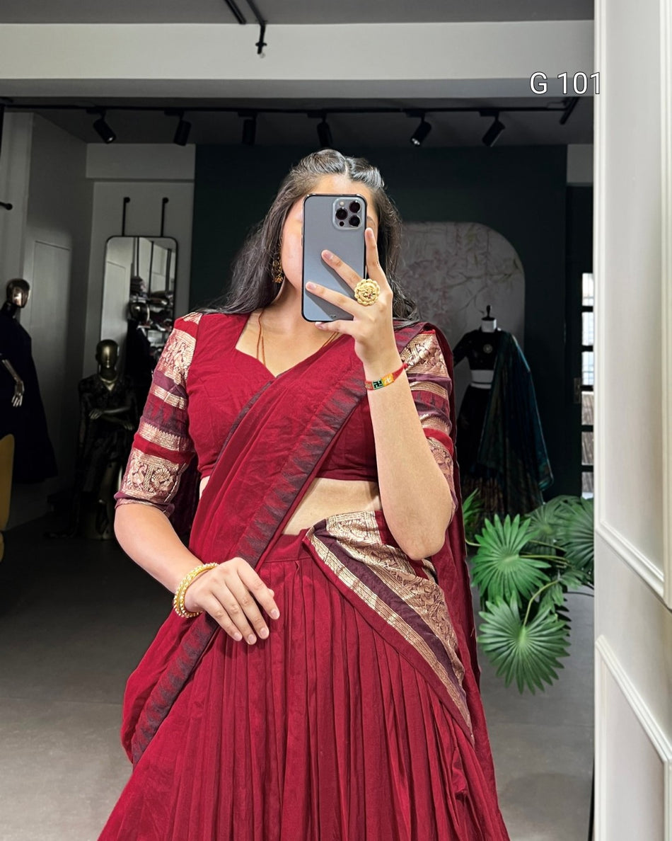 Pure Chanderi Lehenga with Zari Weaving Work Border – G 101 Red