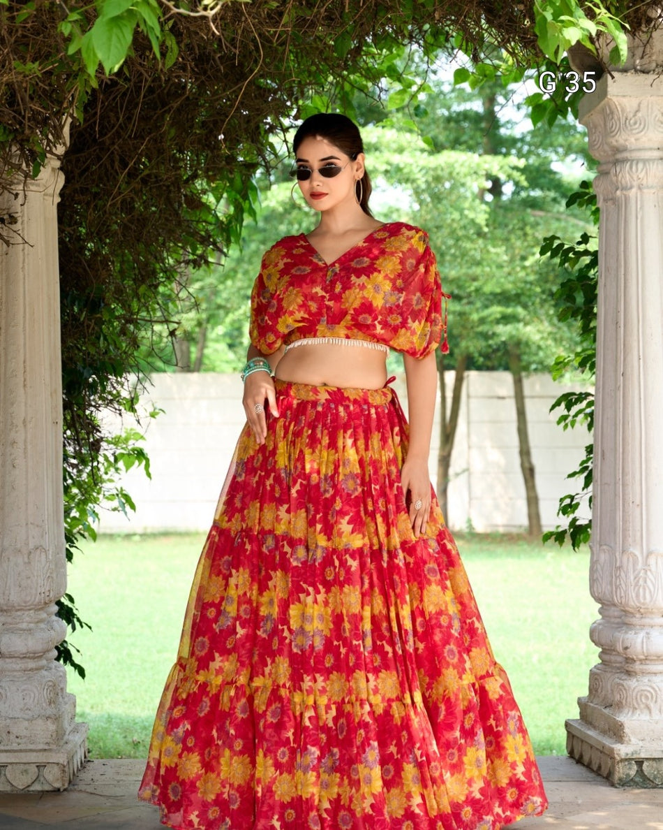 Red Chiffon Lehenga with Floral Print – Stitched Blouse with Pearl Touch Up - G 35 Red