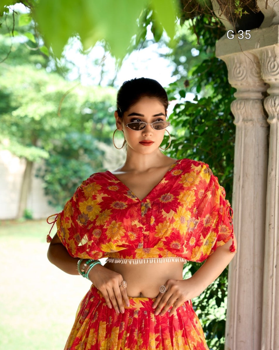 Red Chiffon Lehenga with Floral Print – Stitched Blouse with Pearl Touch Up - G 35 Red