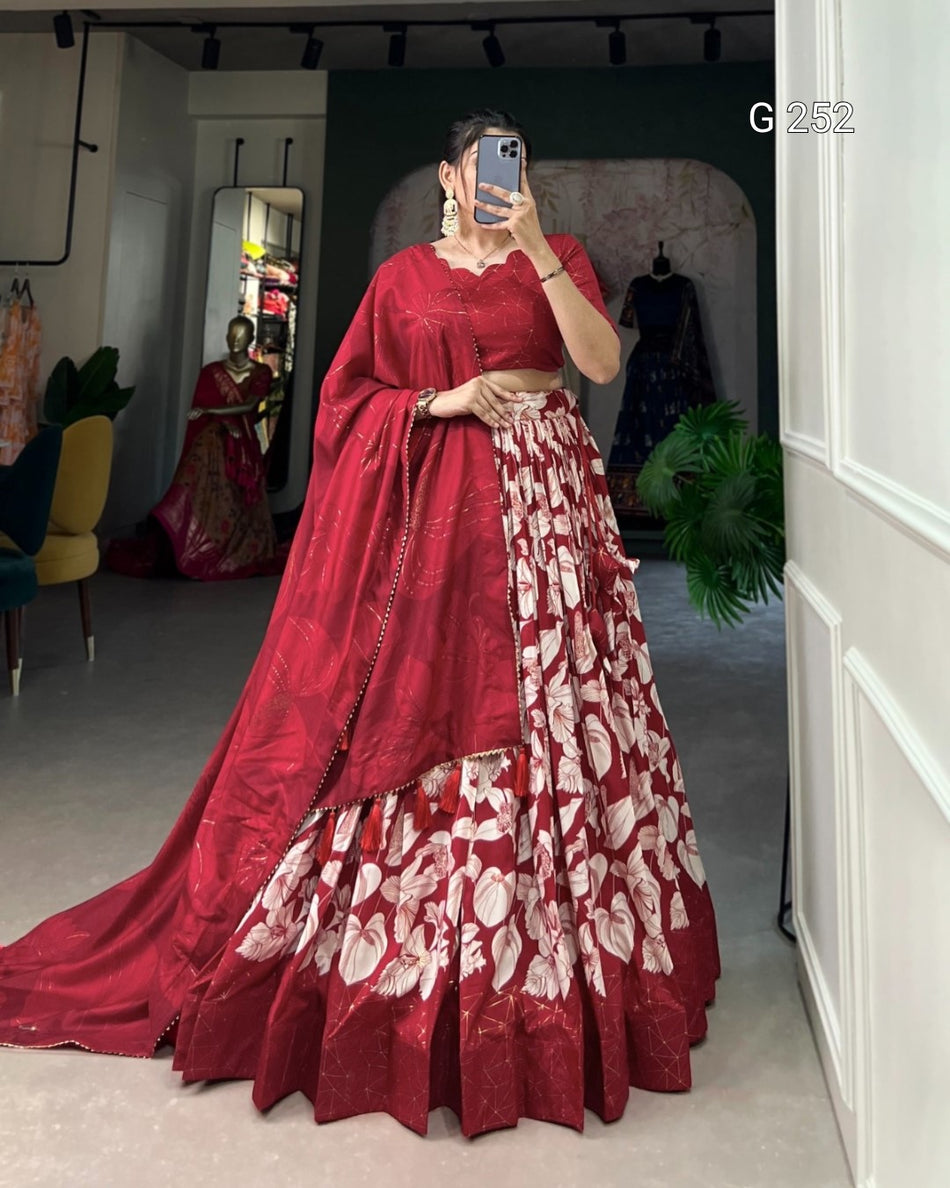 Floral Print Tussar Silk Lehenga with Foil Print – G 252 Red