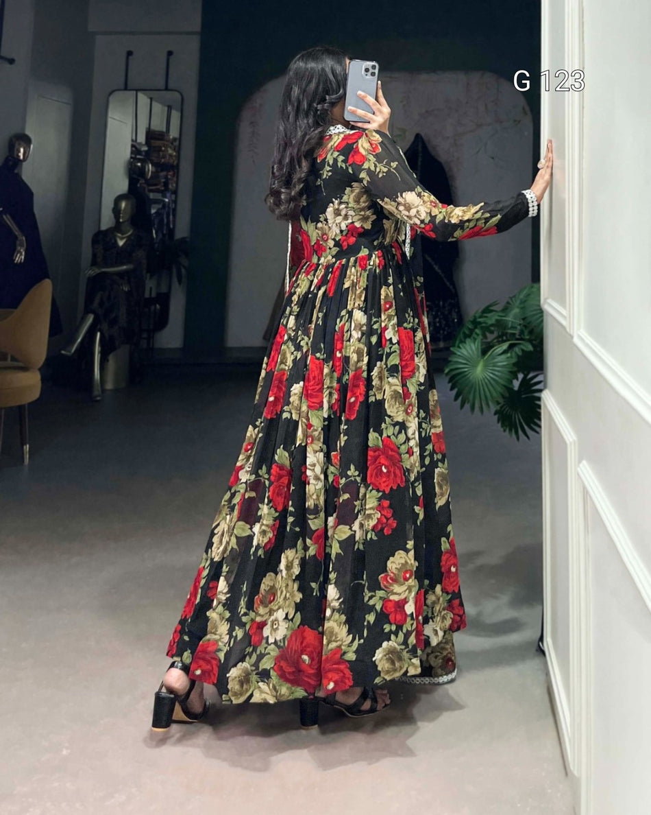 Floral Printed Georgette Gown with Peper Mirror Lace Touch Up – G-123-Red