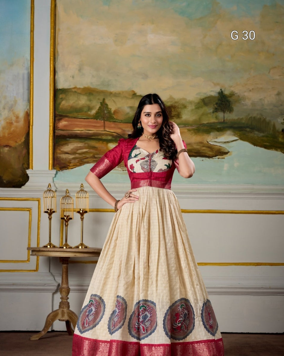 Red Dola Silk Gown with Kalamkari Print & Zari Weaving Border – G 30 Red