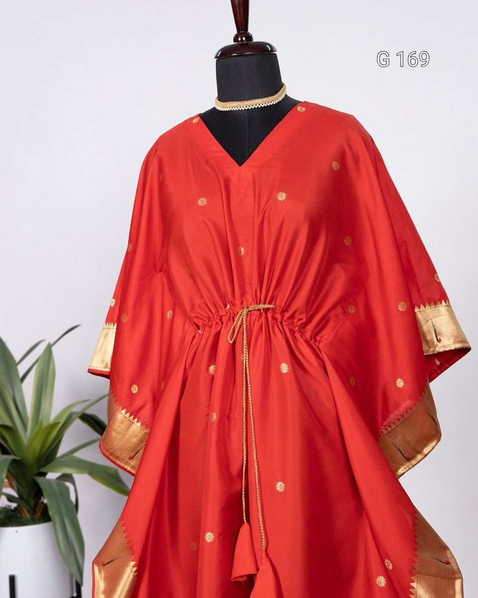 Red Jacquard Paithani Kaftan with Zari Weaving Work & Lace Border – G 169 Red