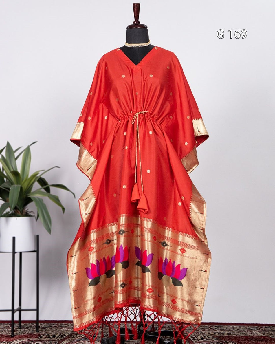 Red Jacquard Paithani Kaftan with Zari Weaving Work & Lace Border – G 169 Red