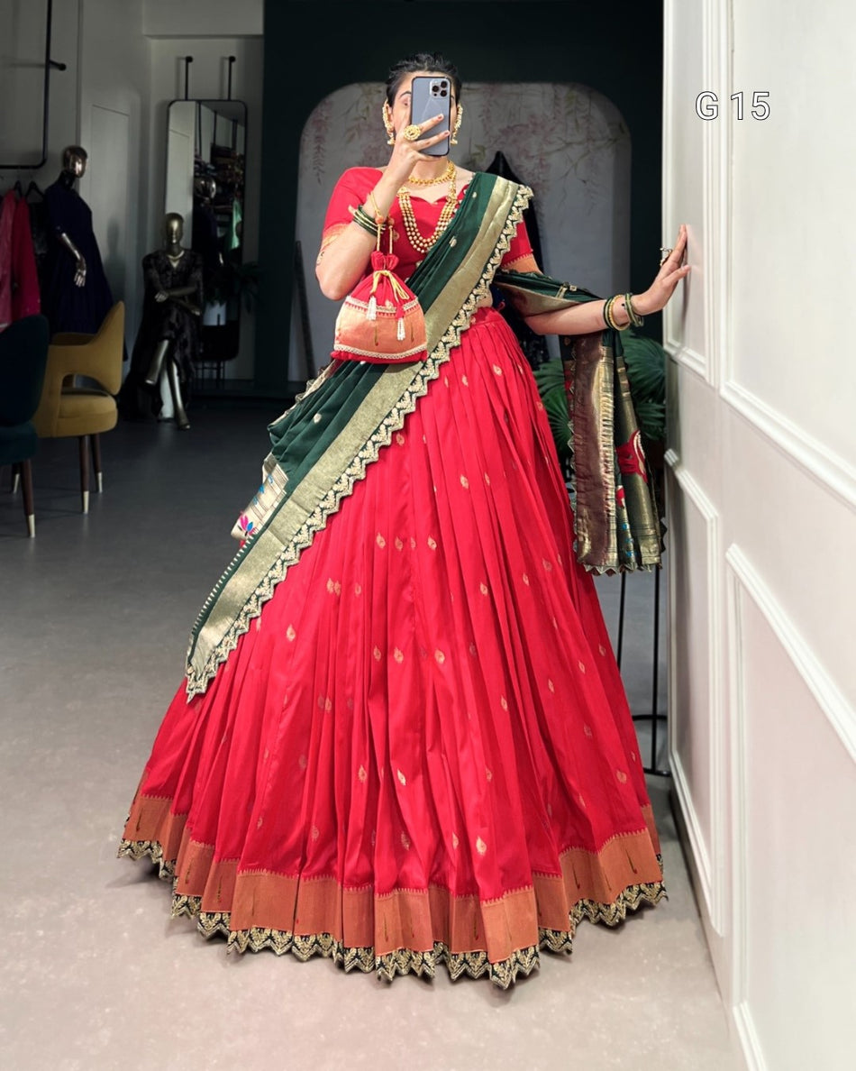 Red Jacquard Silk Lehenga with Zari Weaving & Sequins Work – G 15 Red